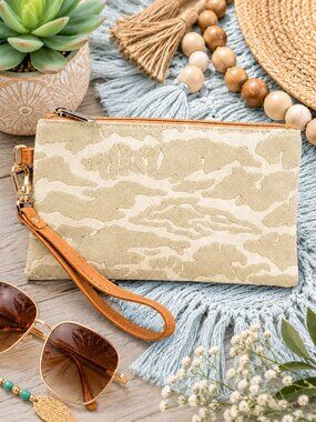 Beige Camo Wristlet Pouch, Canvas Clutch, Everyday Neutral, Make-up, Travel Bag